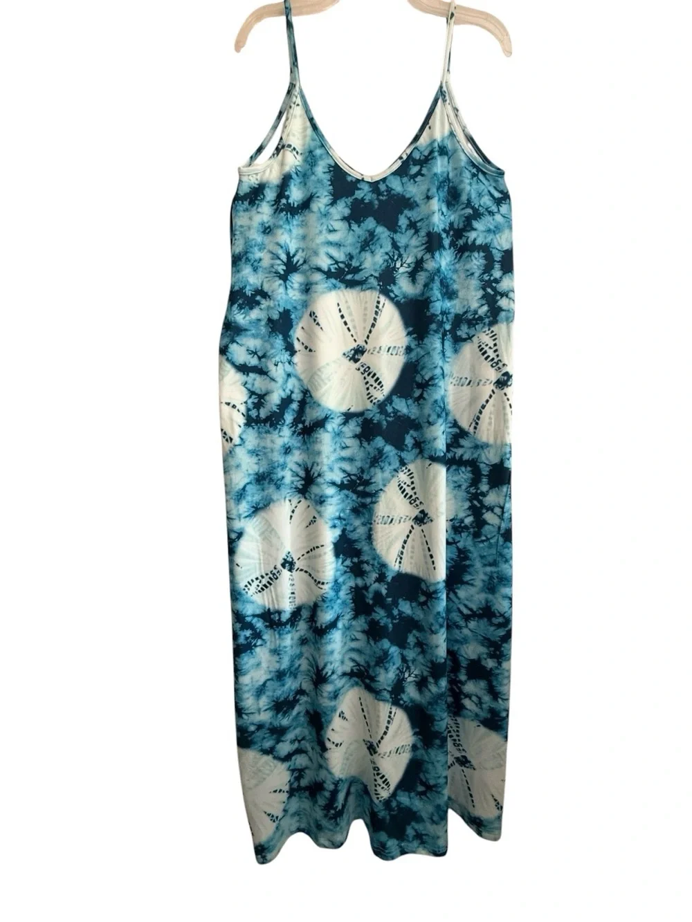 NWT POETSKY Blue Tie-Dye Spaghetti Strap Maxi Dress X-Large Flowy Pockets - Picture 2 of 15